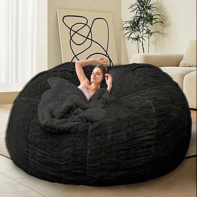 Bean Bag Chair Cover for Adults Kids Comfy Fluffy Giant Round Beanbag Cover Floor Chair Cover for Stuffed Animals Storage, 7FT, Black