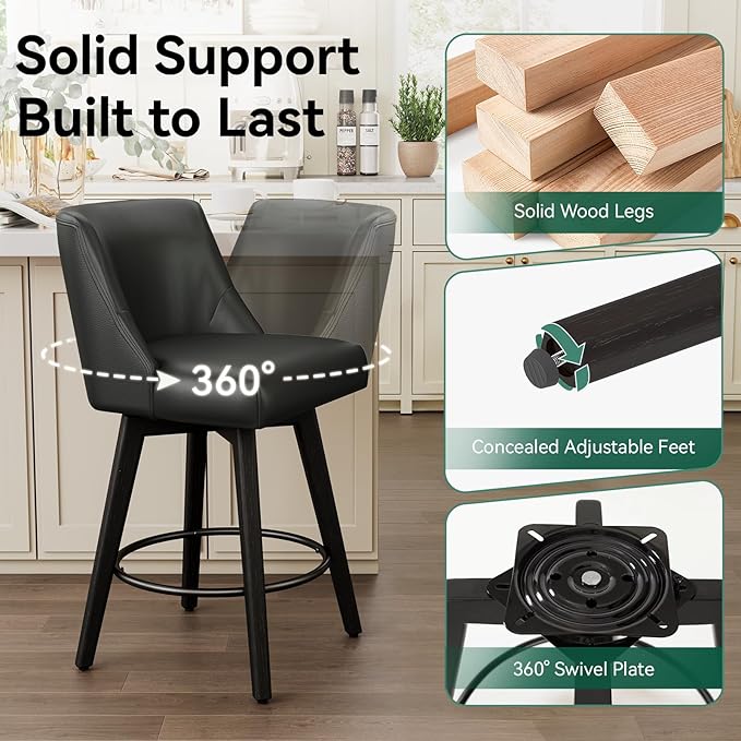 Vipbear Swivel Counter Height Bar Stools Set of 4,26.8" H Counter Stools with Back, Mid Century Modern Bar Stools for Kitchen Island,Faux Leather,Wooden Base, Black
