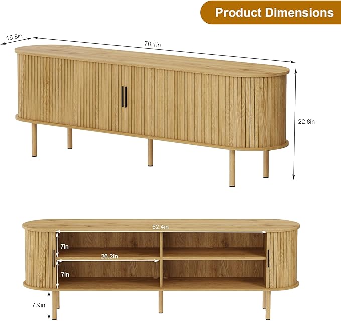 70.1" TV Stand, Modern TV Console Table with Storage Compartment and Sliding Door, Gaming Entertainment Center with Cabinet for Living Room, Bedroom, Office, Oak