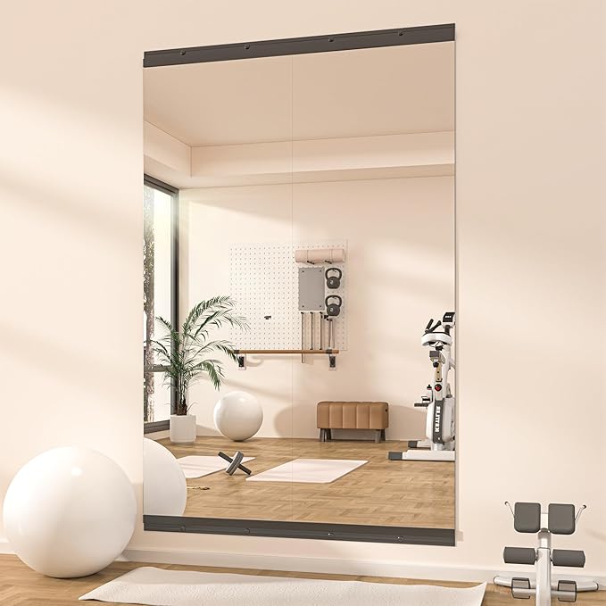 Hasipu 2 Pcs 55''x17'' Home Gym Mirror Large Full Length Wall Mounted Full Body Mirror for Yoga Dance Fitness Exercise Studio Bedroom Garage, Frameless Tempered Glass Workout Mirrors Black Rectangular