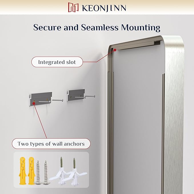 Keonjinn 42 x 20 Inch Brushed Nickel Bathroom Mirrors for Over Sink, Rounded Rectangle Silver Bathroom Vanity Mirror, Metal Framed Farmhouse Mirror for Wall, HD Tempered Glass(Horizontal/Vertical)