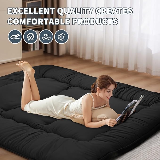 Japanese Floor Mattress,4" Thicken Japanese Floor Sleeping Pad Foldable,Futon Mattress Suitable for Camping and Guest Room (Black, Queen (80" X 60"))