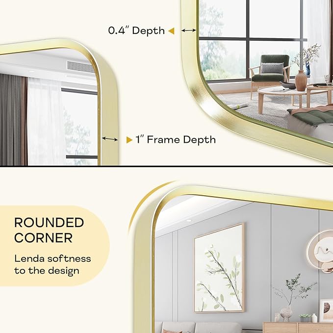 Wall Mount Mirror for Bathroom, Brushed Gold Metal Framed Rounded Corner Square Rectangular Vanity Mirror (30" x 30", Gold)