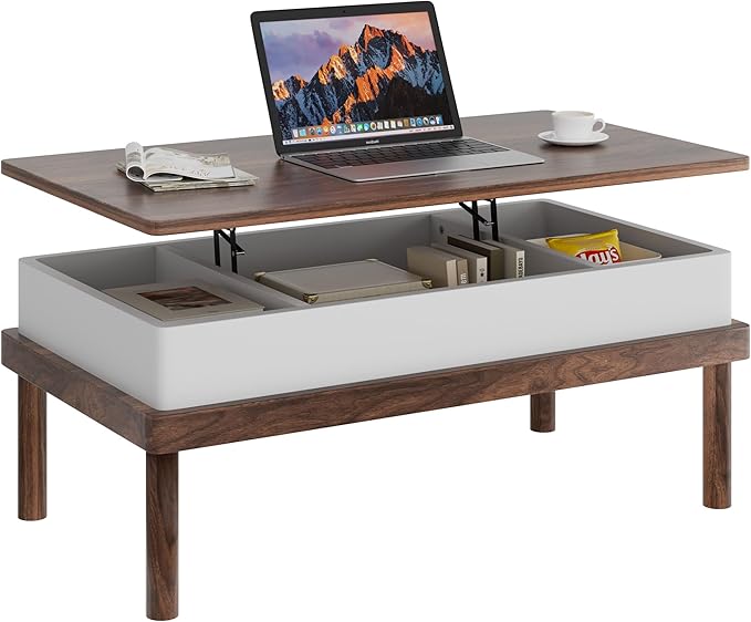 Shintenchi Coffee Table, Lift Top Coffee Table with Hidden Compartment, Rising Tabletop Dining Table, Lift Top Coffee Center Table for for Living Room, Office, Home (Walnut)