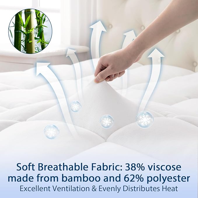 ELEMUSE Twin XL Cooling Bamboo Viscose Mattress Topper for College Dorm, Extra Long Twin Mattress Pad Cover for Back Pain, Soft Pillowtop with Elastic Deep Pocket, Overfilled Down Alternative Filling