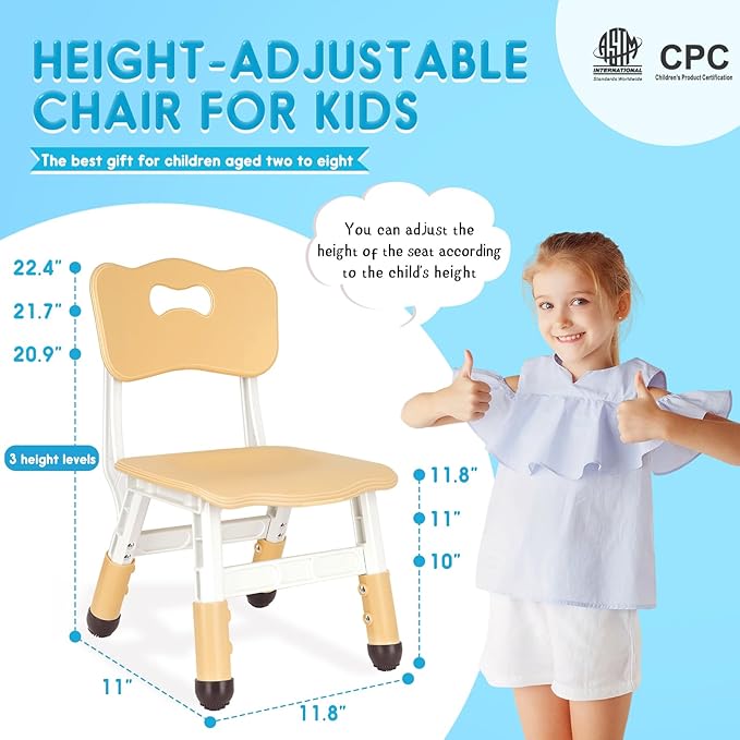 Kids Height Adjustable Toddler Chair Max Load 220LBS Plastic Indoor Outdoor for Children Age 1-6 School Home Daycare Use Burlywood