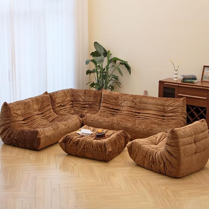 N&V Fireside Chair, Mid Century Armless Floor Sofa, Soft Premium Chenille Floor Lounge Chair, Foam Sofa Accent Chair for Living Room Bedroom and Office (Brown, Loveseat)