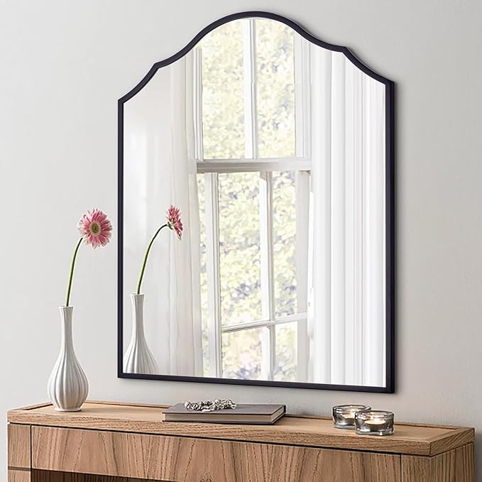 Large Mantle Mirror for Wall, 36"x30" Black Arched Decorative Mirror, Antique Scalloped Metal Frame, for Bathroom, Entryway, Living Room, Bedroom