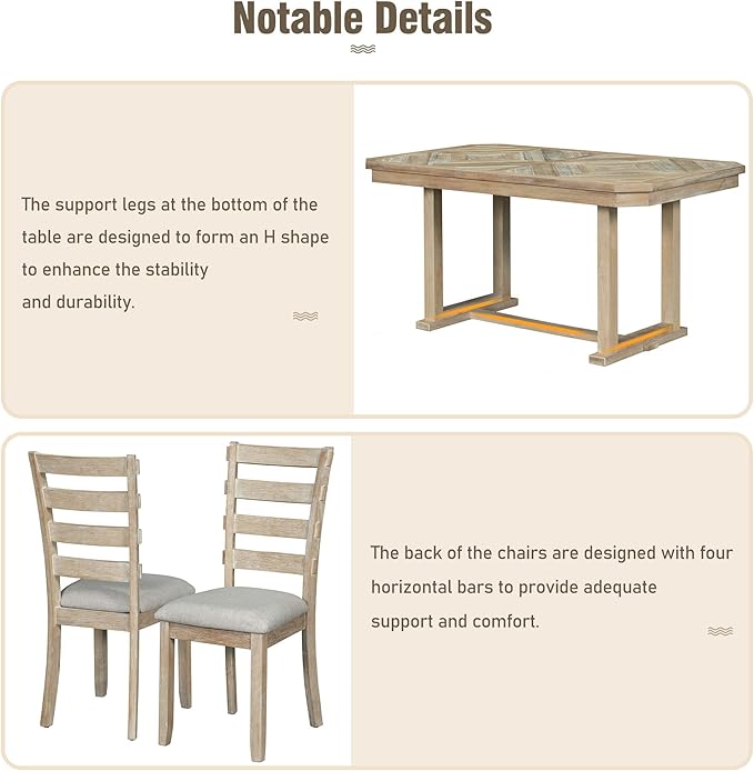 Merax 6-Piece Rubber Wood Dining Table Set with 4 Cushioned Chairs and Bench, Beautiful Wooden Grain Pattern Tabletop, Natural Wood Wash