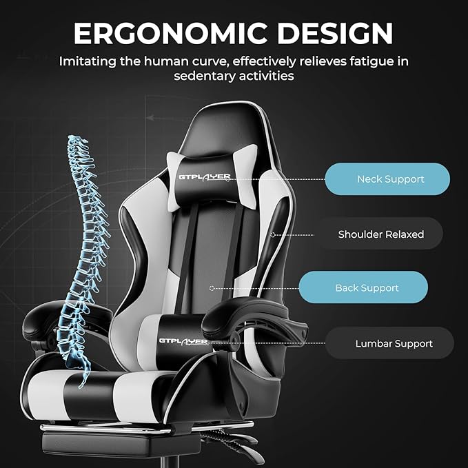 GTPLAYER Gaming Chair, Computer Chair with Footrest and Lumbar Support, Height Adjustable Game Chair with 360°-Swivel Seat and Headrest and for Office or Gaming (White)