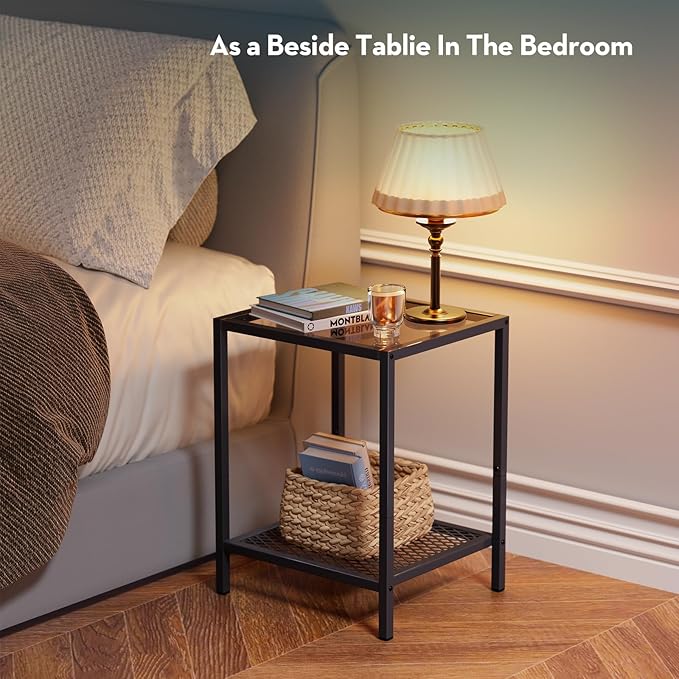 SAYGOER Small Side Table Glass End Table with Mesh Storage Shelf for Small Spaces Modern, 13.4" x11.8" x19.7", 2-Tier Square Bed Nightstand Couch Table for Living Room Bedroom, Gray
