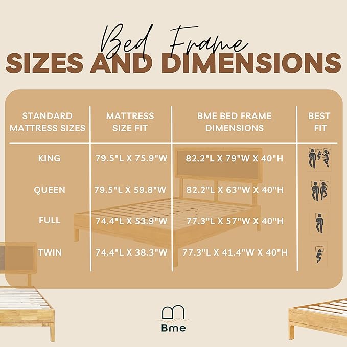 Bme Nipe Queen 14 Inch Bohemian Bed Frame with Adjustable Woven Headboard - Rustic & Vintage Unique Style with Acacia Wood - No Box Spring Needed - Easy Assembly - Natural