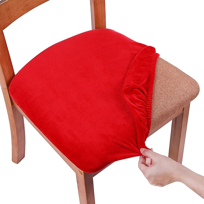 Smiry Velvet Seat Covers for Dining Room Chair Set of 2, Stretch Fit Removable Washable Chair Seat Cushion Protector Slipcovers with Ties, Red