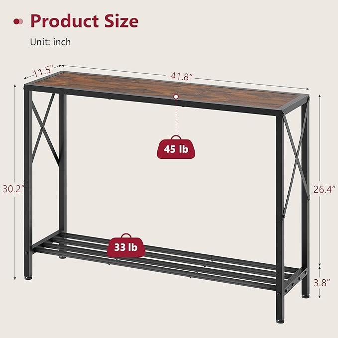 Tajsoon Console Table 41.8”, 2-Tier Industrial entryway Table, Narrow Sofa Table with Shelves, Entrance Table for Entryway, Hallway, Living Room, Foyer, Corridor, Office, Rustic Brown