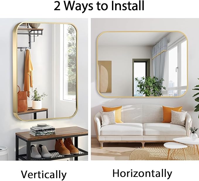40x30 Inch Gold Bathroom Mirror, Brushed Gold Metal Framed Rectangular Mirror with Rounded Corner, Bathroom Vanity Mirror for Bedroom or Living Room, Horizontal/Vertical