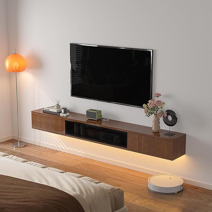 High Gloss Floating TV Stand,94'' Wall Mounted TV Console,Under TV Floating Shelf,Floating TV Cabinet with 3 Doors for Bedroom Living Room(Walnut)