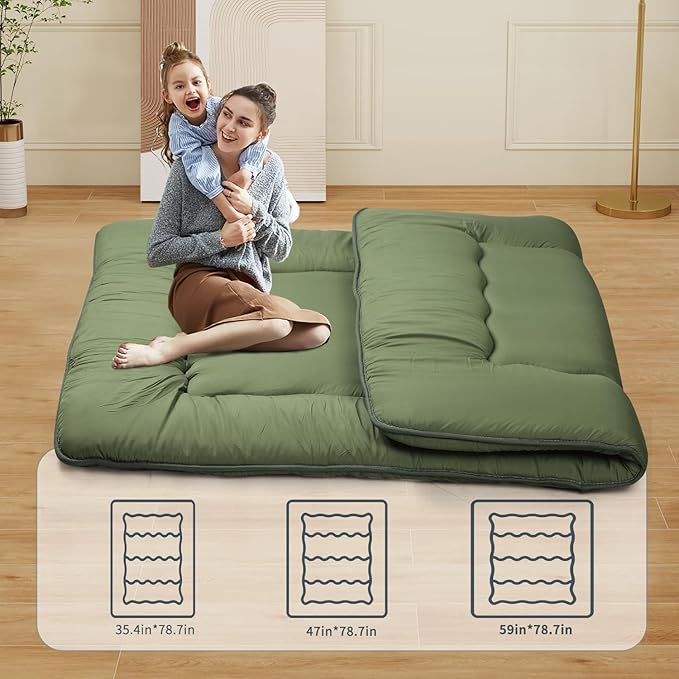 Japanese Floor Mattress,Roll Up Memory Foam Tatami Mat Easy to Store and Portable,Futon Mattress Suitable for Camping and Guest Room (Green, Queen (80" X 60"))