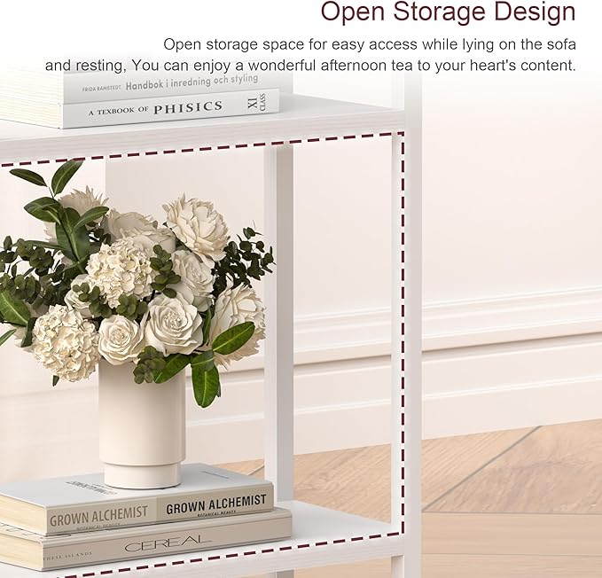 Narrow Side Table for Small Space Set of 2, 3-Tier Small End Table with Shelf Holder, Slim Nightstand, Skinny Snack Couch Table in Living Room, Bedroom, Study, Kitchen and Balcony（White