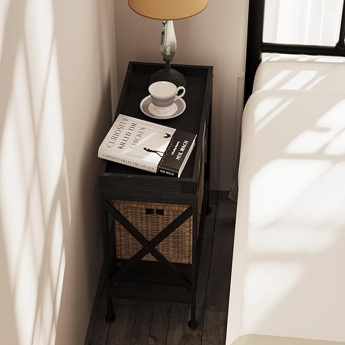 Narrow Side Table, Slim End Table with Charging Station for Small Spaces, with 2 USB and 2 Power Outlets, 21.7" L x 10" W x 21.7" H