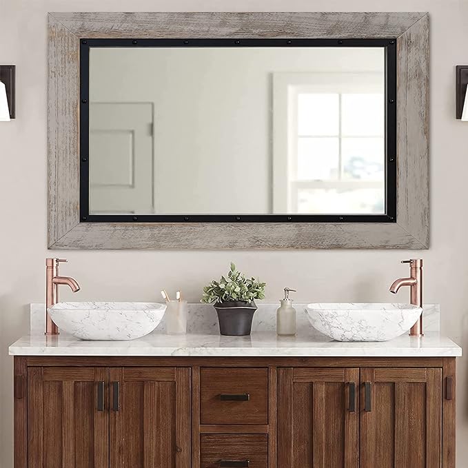 YOSHOOT Rustic Wooden Framed Wall Mirror, Natural Wood and Iron Bathroom Vanity Mirror for Farmhouse Decor, Vertical or Horizontal Hanging, 60" x 36", Grey
