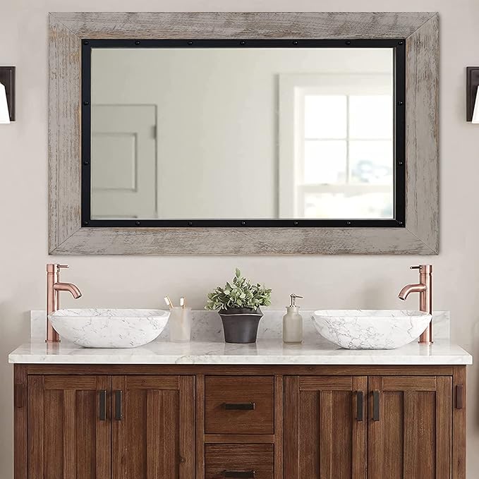 YOSHOOT Rustic Wooden Framed Wall Mirror, 30"x20", Natural Wood and Iron Bathroom Vanity Mirror for Farmhouse Decor, Vertical or Horizontal Hanging