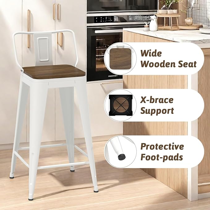 24 Inch Swivel Bar Stools Set of 4, Counter Height Bar Stools with Low Back, Metal Industrial Bar Chairs for Kitchen Island (White)