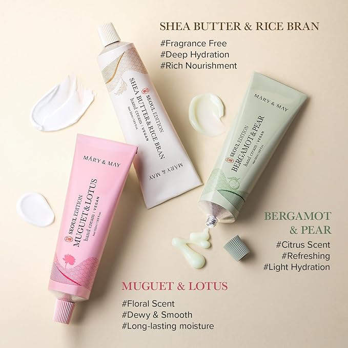 Mary&May SEOUL EDITION Shea Butter & Rice Bran Hand Cream - Korean Fragrance Free Nourishing Vegan Hand Moisturizer for Soft, Healthy Hands - Non Greasy Velvet Hand Butter, 1.69oz.
