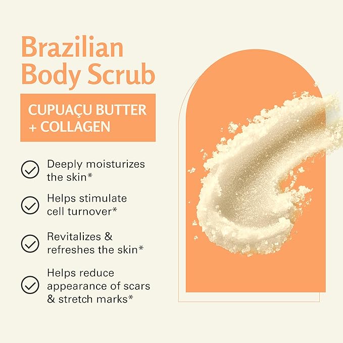 Firming & Moisturizing Brazilian Body Scrub for Body, Hands & Feet, Gentle Body Exfoliator with Cupuacu Butter, Jojoba Oil & Collagen, 16 oz (453 g) by M3