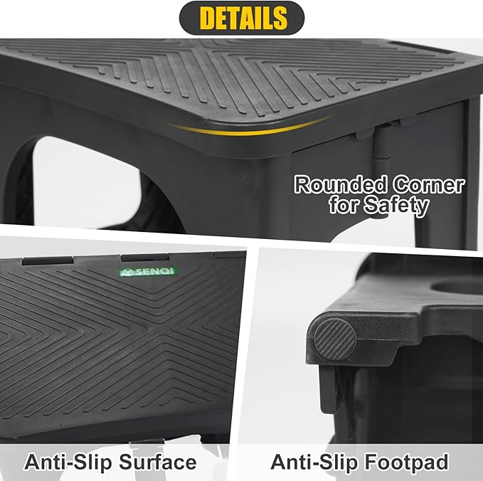 Folding 2-Step Stool for Adults Kids Non-Slip Collapsible Portable Step Stool for Kitchen Home Toilet Bedroom Office Bathroom Rv,Holds 300 Lbs(Black)