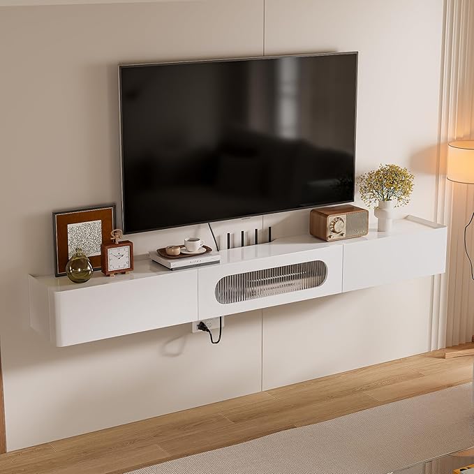 Floaticase Floating TV Stand, 78IN Fully Assembled Hign Gloss Wall Mounted TV Console with Flip-Down Door & Drawers for Livingroom, Bedroom