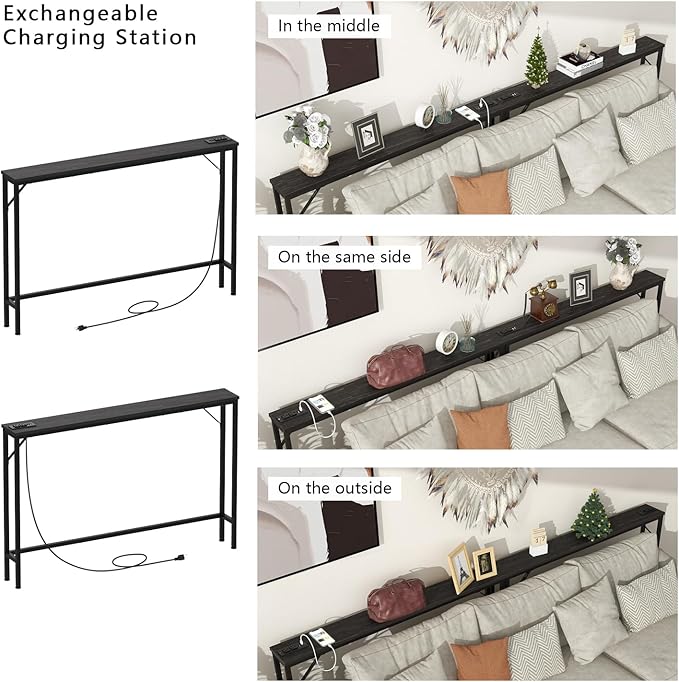 Tohomeor 5.9" Skinny Behind Sofa Console Table with Charging Station Charcoal Black 47.2" Narrow Long Behind Couch Table with Power Outlets USB Ports Thin Entry Table for Entryway Living Room Hallway