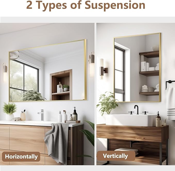 Gold Bathroom Mirror, 30"x36" Rectangle Mirror, Brushed Gold Mirror, Metal Frame Square Corner Vanity Mirror, Wall Mounted Mirror for Modern, Living Room, Bedroom, Horizontal Or Vertical