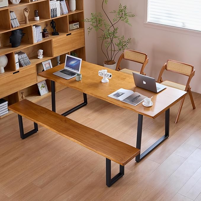 Solid Wood Top Bench with Metal Legs Durable Long Bench for Home Office Living Room Dining Room Versatile Multi Size Options Perfect Chair Stool Dining Bench Dining Chair (Light brown bench, 62.99in)