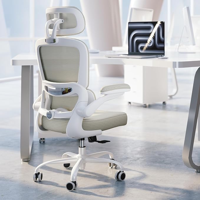 TRALT Ergonomic Office Chair - Desk Chair with Adjustable Headrest Lumbar Support Computer Chair - Mesh Comfy Chair with Flip-up Armrests - Gaming Chairs for Adults Home Office (Leather, Beige)
