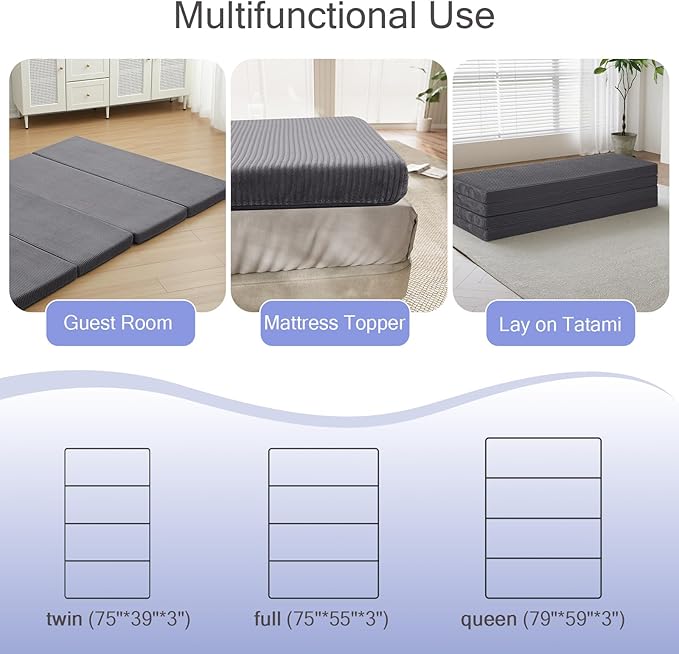 MeMoreCool Folding Foam Futon Mattress Full, Foldable Japanese Floor Mattress, Sleeping Mat Pad for Adults Guests Sleepovers, 3 in Thick Tatami Mat Portable Shikibuton, Dark Grey