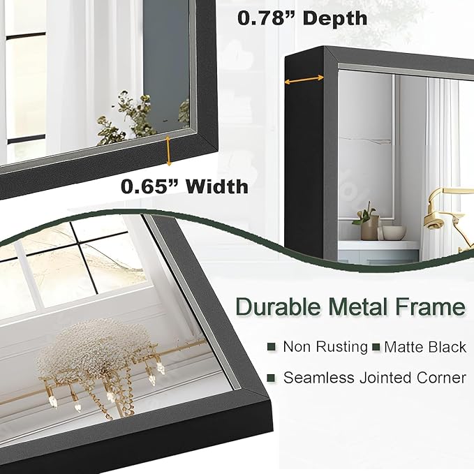Bathroom Mirror 28x36 Inch, Black Frame Mirror 28"x36", Rectangle Wall Mounted Mirror, Metal Framed Vanity Mirror for Wall 28 by 36, Modern Mirror Hangs Horizontal Or Vertical