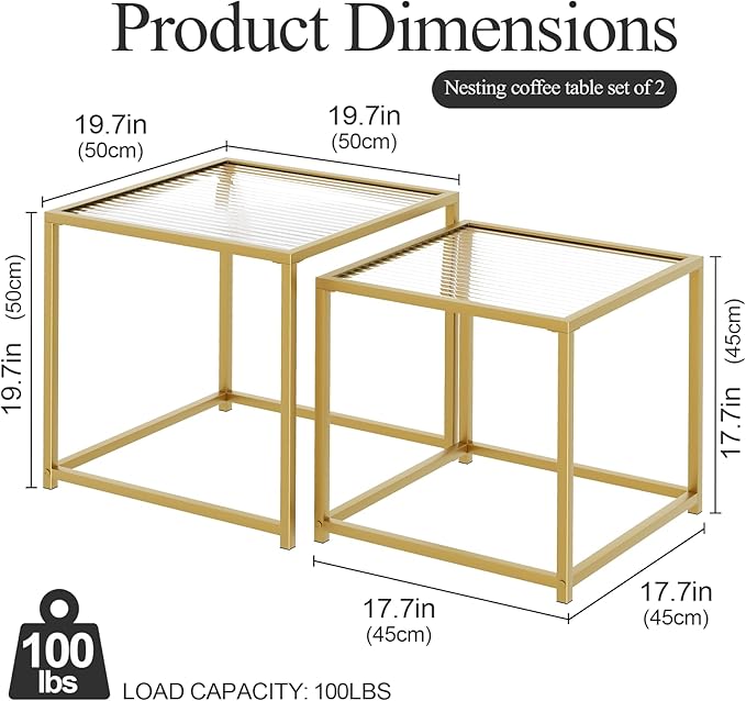 VILAWLENCE Coffee Table Set of 2, Modern Gold Patterned Glass Side Table, Metal Frame Square End Table, Center Tables Nesting Coffee Table for Living Room,Bedroom and Small Spaces