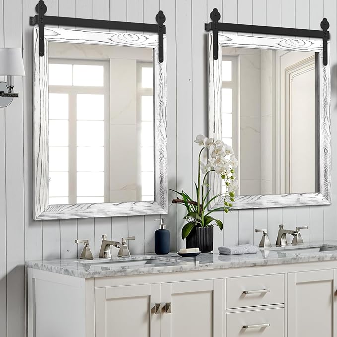 YOSHOOT Farmhouse Barn Door Mirror, 32"x24" Rustic Wood Framed Wall Mounted Vintage Mirror, Wooden Farmhouse Style for Bathroom Living Room Entryway, White, Vertical Hanging ONLY