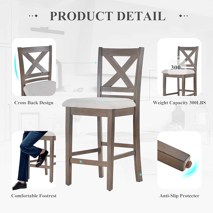 Upholstered Counter Height Bar Stools Set of 4, Modern Kitchen Island Barstools Chairs with Cross Back and Wood Legs for Dining Room Bar, Light Brown Wash