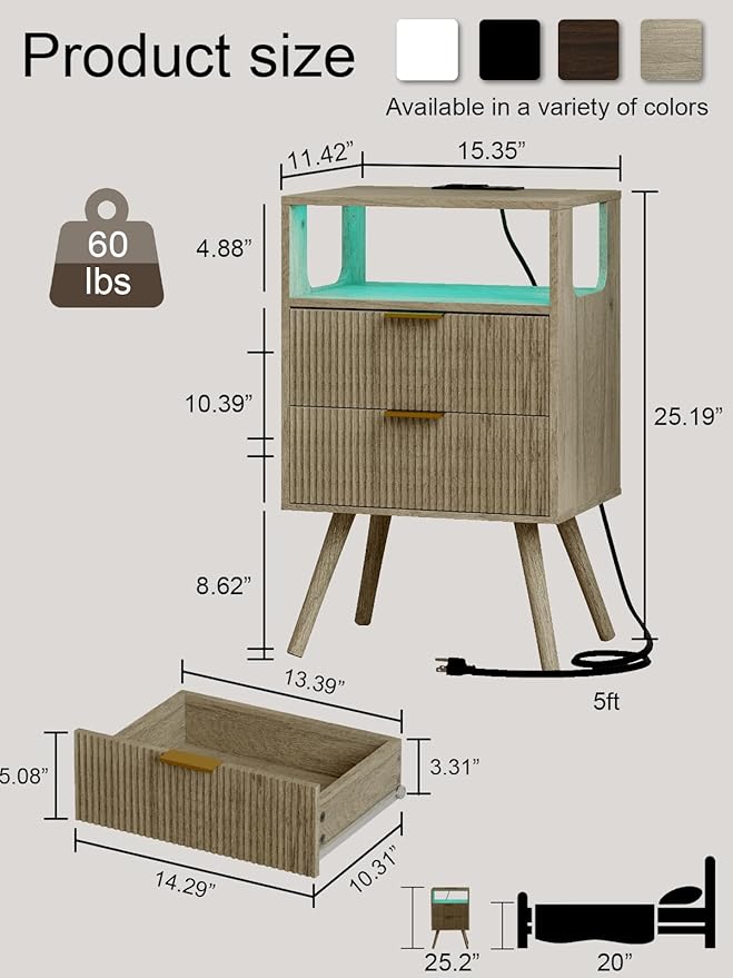 Nightstand, Modern Bedside Table with 2 Storage Drawer and Open Wood Shelf for Bedroom and Small Spaces, Night Stand with Solid Wood Legs (Grey Oak-Outlet)