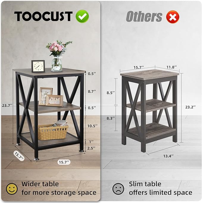 End Tables Living Room Set of 2, 16" D x 16" W x 24" H, Indoor Side Tables Living Room with Storage Shelf, Square End Table Set of 2, X-Shaped Night Stands for Bedroom, Farmhouse Wood End Tables, Grey