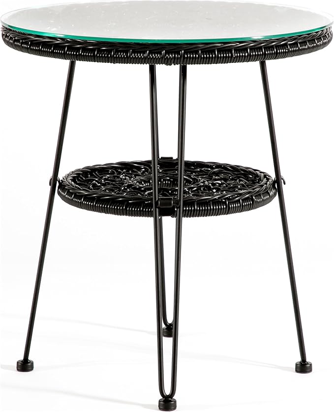 Muse & Lounge Co. Ysar Boho 19-inch Round Coffee Table Outdoor with Tempered Glass Top and Metal Frame, Handcrafted Coastal Furniture for Patio, Poolside, Garden, Yard, Black