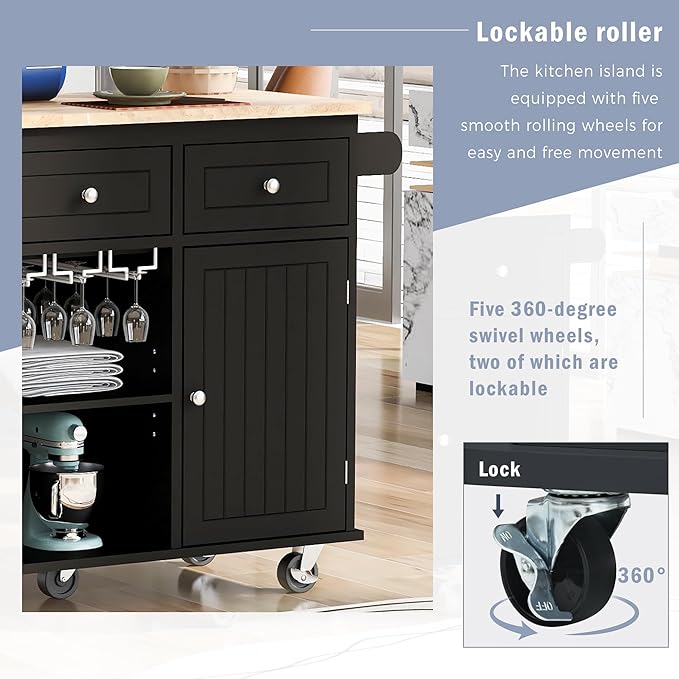 Merax Rubber Wood Kitchen Island with Adjustable Storage, Rolling Kitchen Storage Cart with Drop Leaf, Open Storage, Wine Rack, 5 Wheels for Home, Kitchen, Dining Room, Black