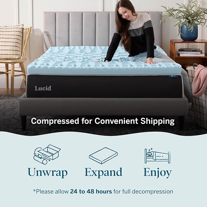 LUCID Cooling Gel, 3 Inch, 5 Comfort Zone Infusion, Plush Memory Contour, CertiPUR Certified Foam Mattress Topper, Twin XL