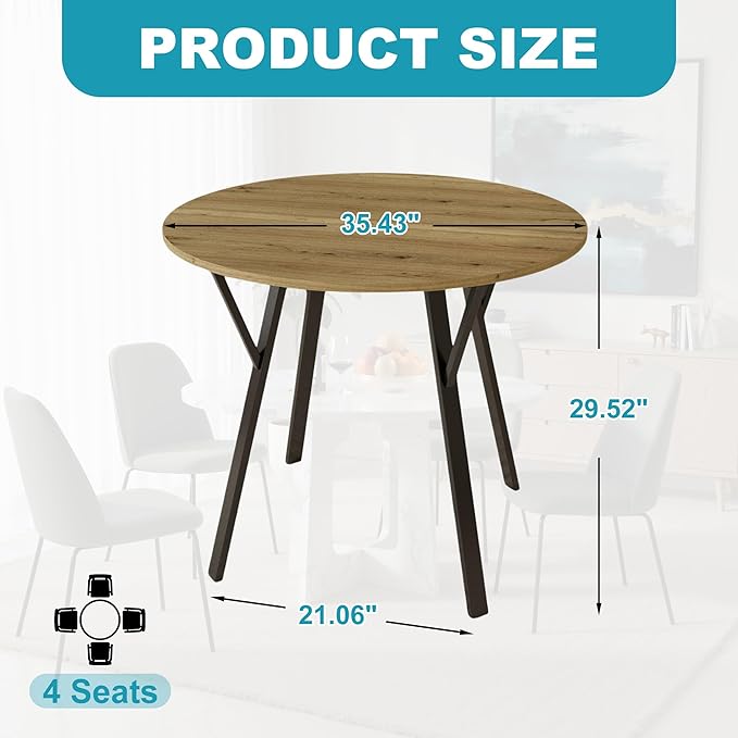 35" Round Dining Table for 4, Modern Small Circle Dinner Table Farmhouse Round Kitchen Tables with Metal Legs for Dining Room, Kitchen, Living Room, Light Brown & Black