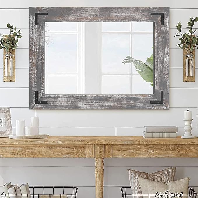 YOSHOOT Rustic Wooden Framed Wall Mirror, 40"x26", Natural Wood Bathroom Vanity Mirror for Farmhouse Decor, Vertical or Horizontal Hanging