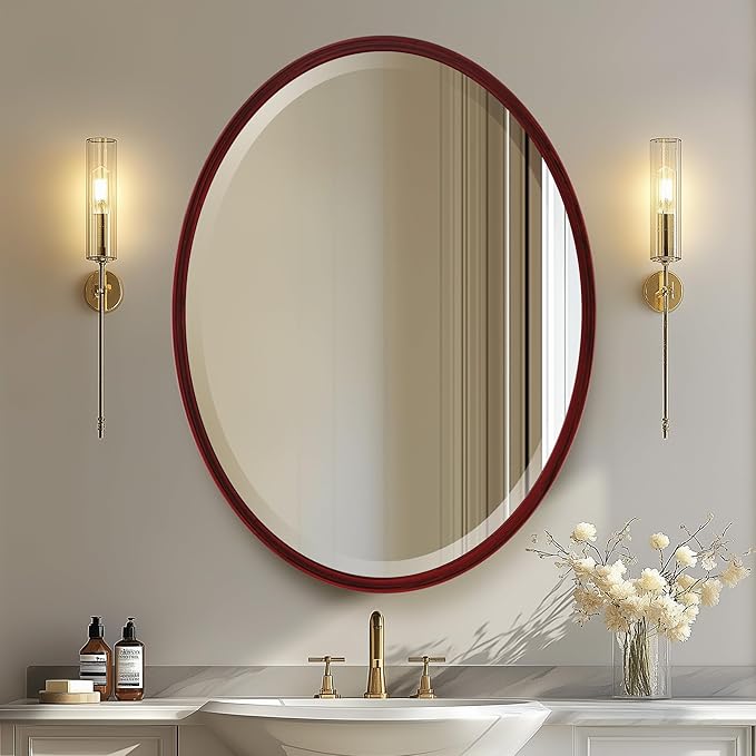 OVALCREST - Oval Wooden Beveled Wall Mirror for Home Decor, Bathroom, Vanity, Bedroom, Living Room, Hallway - London Style (Black Cherry) 21.1 x 31.1