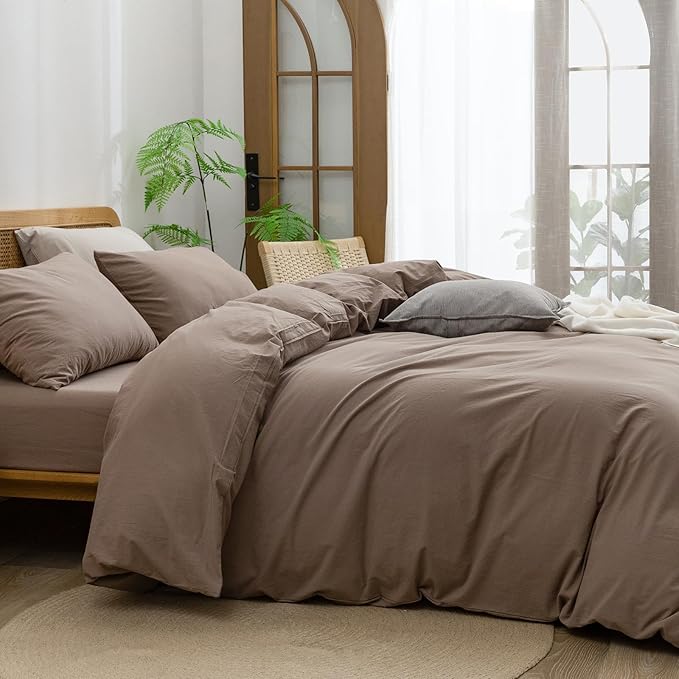 BESTOUCH Duvet Cover Set 100% Washed Cotton Linen Feel Super Soft Comfortable Chic Lightweight 2 PCs Home Bedding Set Solid Pine Bark Brown Twin/Twin XL