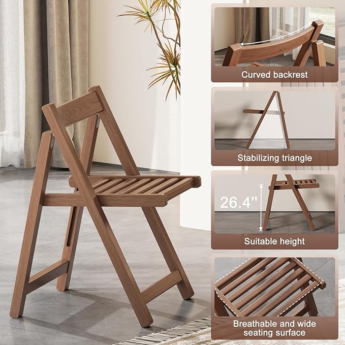 Wood Folding Chairs Set of 4, Indoor Outdoor Wooden Foldable Dining Chairs, Space-Saving and Portable Design for Kitchen, Lawn, Patio 300lbs Capacity,