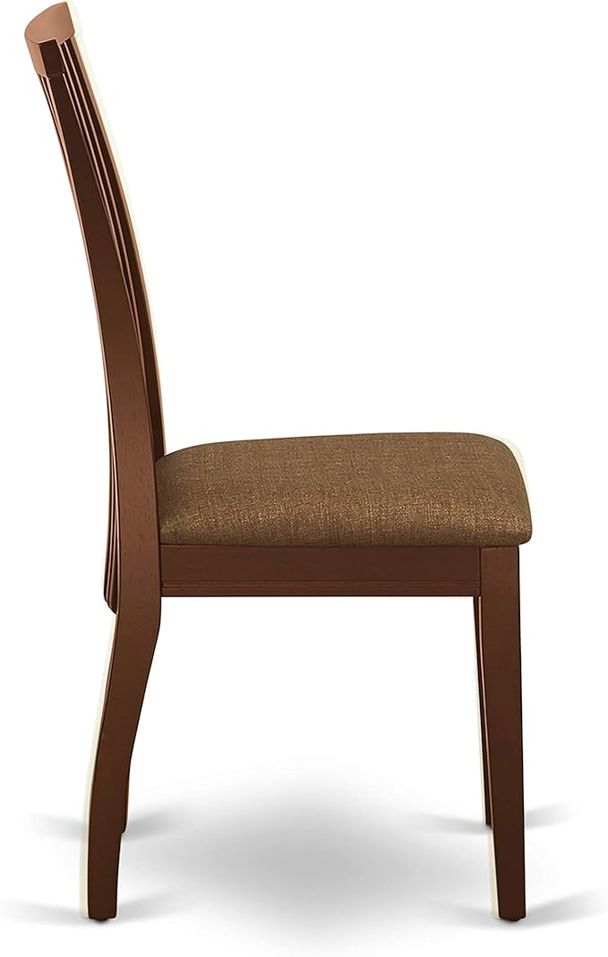East West Furniture ESIP3-MAH-C 3 Piece Modern Dining Table Set Contains a Round Wooden Table with Pedestal and 2 Linen Fabric Upholstered Dining Chairs, 30x30 Inch, Mahogany